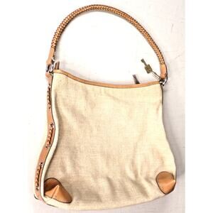 Vintage Fossil Tan Tweed Leather Trim Handbag Purse Braided Handle 15x12x4 in